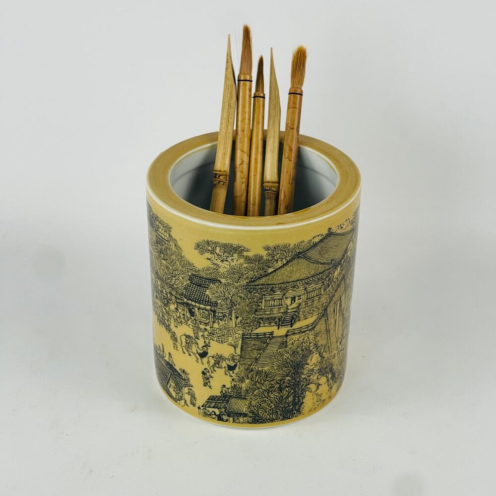 Yellow Glazed Chinese Ceramic Brush Pot and 5 Calligraphy Brushes Tools